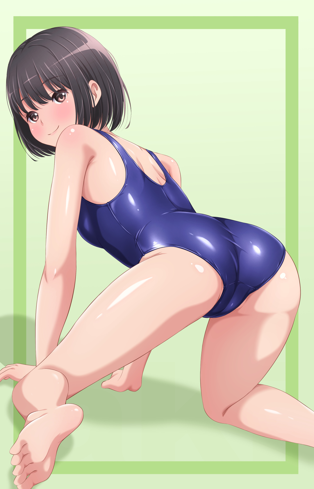 original, commentary request, highres, 1girl, akippoi 0919, all fours, ass, barefoot, black hair, blue one-piece swimsuit, breasts, brown eyes, green background, looking at viewer, looking back, one-piece swimsuit, school swimsuit, short hair, small breasts, smile, solo, swimsuit, two-tone background