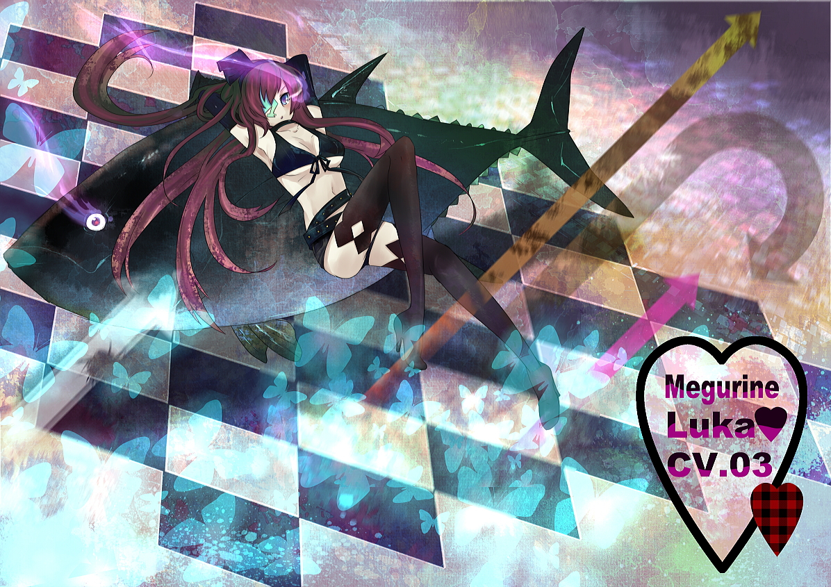 kippu, black rock shooter (character), megurine luka, black rock shooter, vocaloid, world is mine (vocaloid), bad id, bad pixiv id, 1girl, armpits, arms behind head, belt, bikini, bikini top only, black rock shooter (cosplay), black thighhighs, blue eyes, breasts, checkered floor, cleavage, cosplay, female focus, front-tie top, high heels, long hair, midriff, pink hair, shoes, short shorts, shorts, solo, swimsuit, thighhighs, tuna, underboob