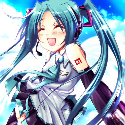 kagetsu kei, hatsune miku, vocaloid, 1girl, aqua hair, detached sleeves, female focus, happy, necktie, solo, thighhighs, twintails