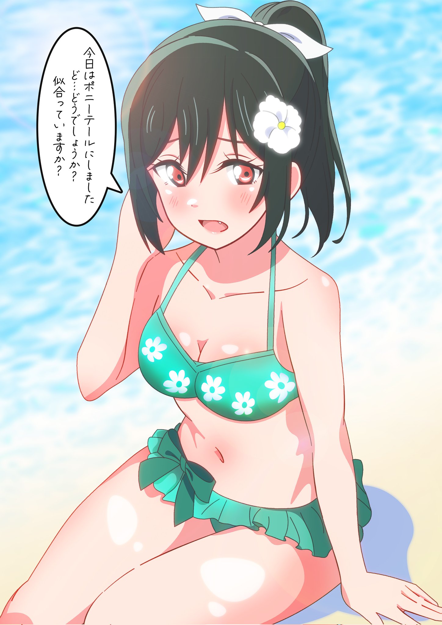 shinonome sakura, mifune shioriko, love live!, love live! nijigasaki high school idol club, commentary request, highres, translation request, 1girl, bare shoulders, beach, bikini, black hair, blush, bow, bow bikini, breasts, cleavage, collarbone, fang, flower, frilled bikini, frills, green bikini, green bow, hair between eyes, hair bow, hair flower, hair ornament, looking at viewer, medium breasts, medium hair, navel, on ground, open mouth, outdoors, ponytail, red eyes, sidelocks, sitting, solo, speech bubble, stomach, swimsuit, white bow, white flower