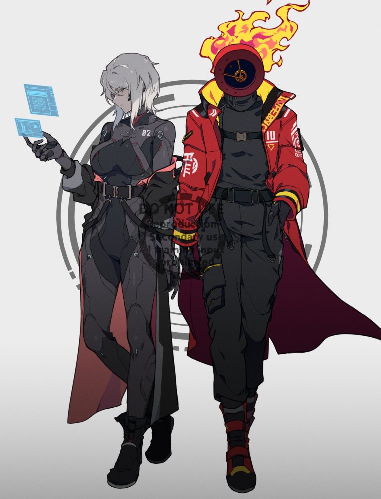 rmenssari, dante (limbus company), faust (project moon), limbus company, project moon, 1girl, 1other, belt, black bodysuit, black coat, bodysuit, boots, breasts, clock, coat, coat on shoulders, cyberpunk, fire, holographic interface, medium breasts, medium hair, object head, red coat, simple background, strap, white background, white hair