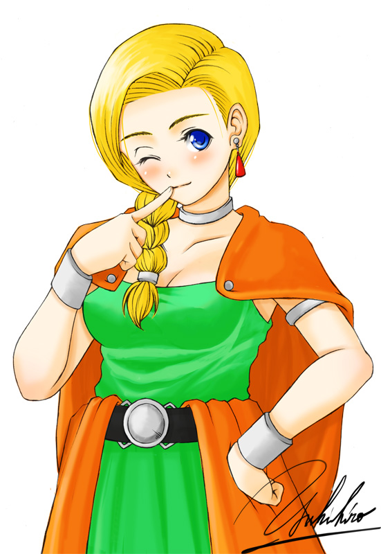 yukihiro, bianca (dq5), dragon quest, dragon quest v, 1girl, blonde hair, blue eyes, braid, earrings, female focus, hair over shoulder, jewelry, long hair, one eye closed, signature, single braid, solo, wink