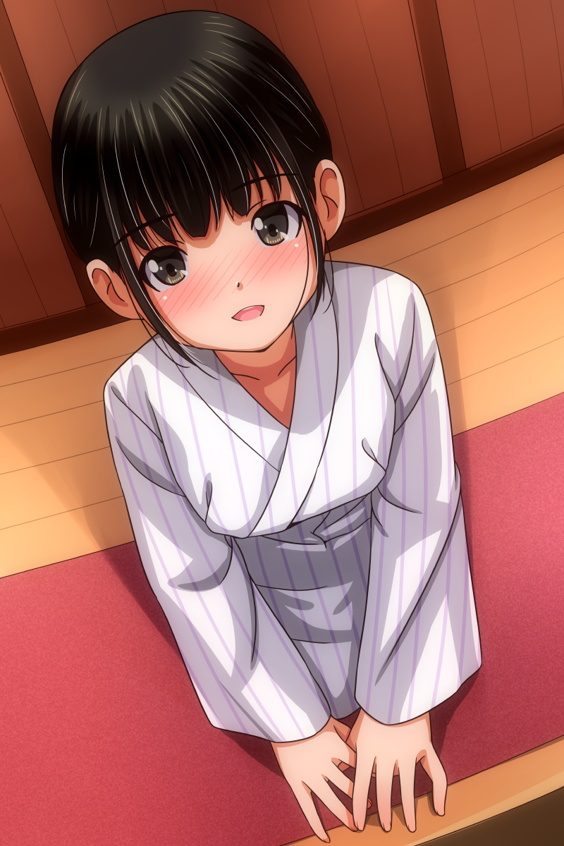 matsunaga kouyou, original, 1girl, black hair, blush, breasts, brown eyes, collarbone, from above, japanese clothes, kimono, long sleeves, looking at viewer, open mouth, short hair, sitting, small breasts, smile, striped clothes, striped kimono, teeth, white kimono, wide sleeves