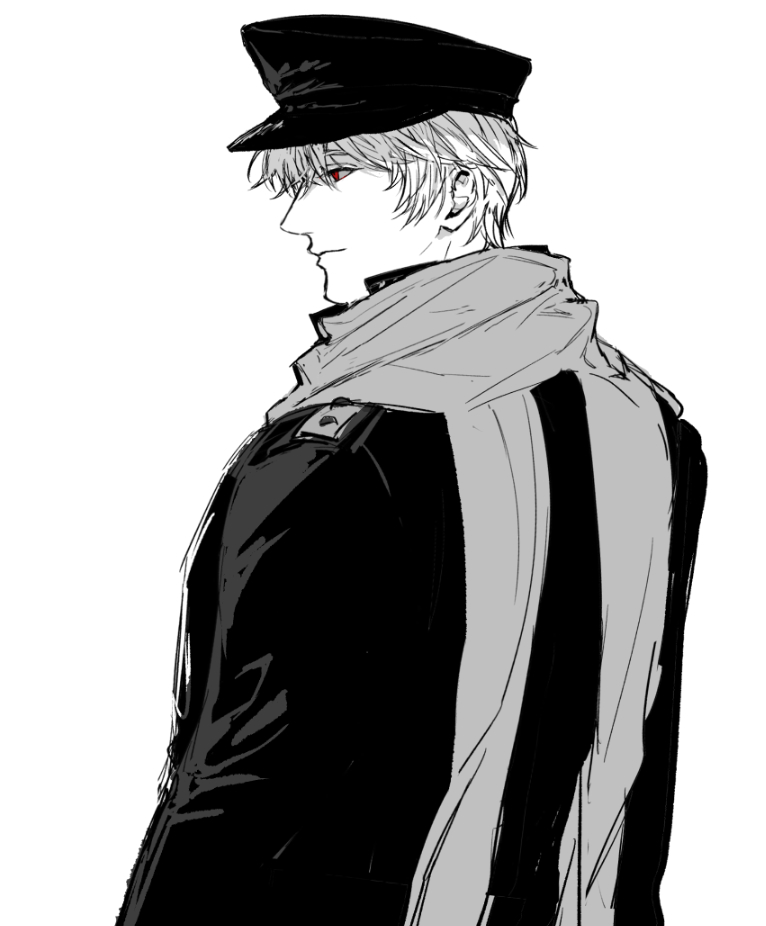 knife80s, russia (hetalia), axis powers hetalia, 1boy, closed mouth, from side, greyscale, hair between eyes, hat, jacket, long sleeves, looking to the side, male focus, military hat, military jacket, military uniform, monochrome, red eyes, scarf, short hair, simple background, smile, solo, soviet army, upper body