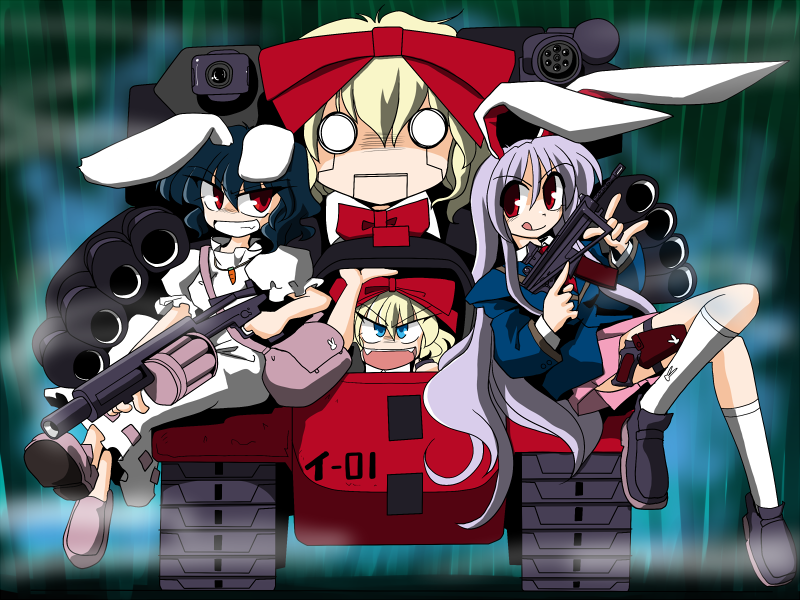 kieyza, kiezya, inaba tewi, medicine melancholy, reisen udongein inaba, touhou, vehicle, 3girls, caterpillar tracks, female focus, military, military vehicle, motor vehicle, multiple girls, tank