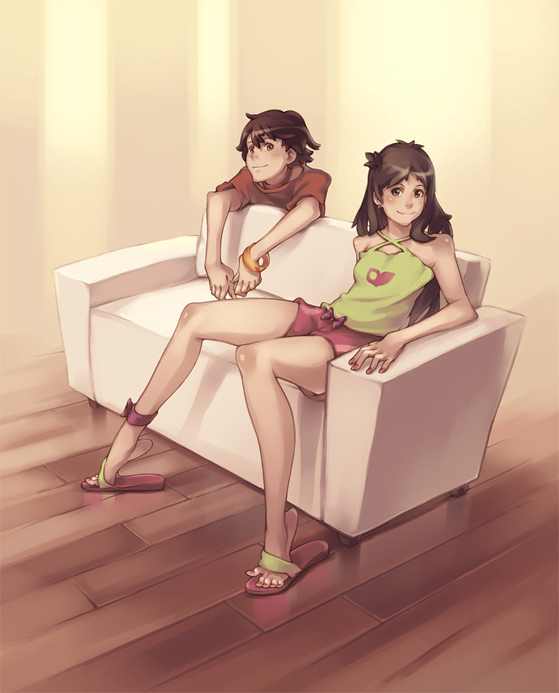 studio qube, copyright request, 1boy, 1girl, anklet, bad anatomy, bad feet, bracelet, brown hair, camisole, couch, feet, jewelry, legs, long hair, nail polish, pink nails, poorly drawn, sandals, short hair, short shorts, shorts