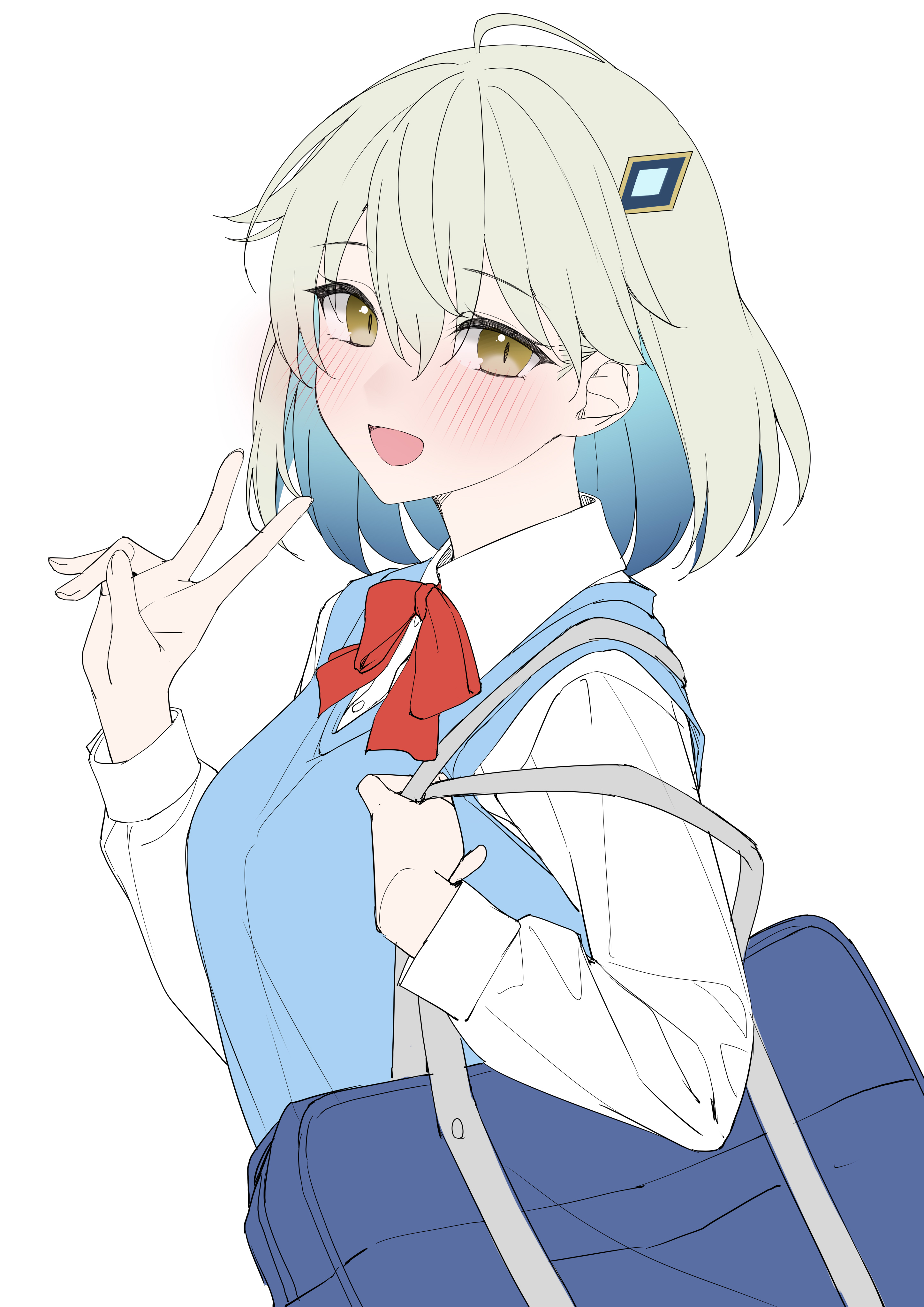 kawai ritsu (rits meg), nagareboshi asche, dragon musume ni naritakunai!, duel masters, absurdres, highres, 1girl, aqua hair, aqua vest, bag, blush, bow, bowtie, colored inner hair, green hair, hair ornament, looking at viewer, medium hair, multicolored hair, open mouth, red bow, red bowtie, school bag, shirt, shoulder bag, solo, upper body, v, vest, white background, white shirt