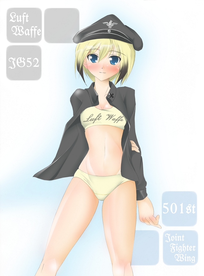 kuro inu, kuroinu (sonoba shinogi), erica hartmann, strike witches, world witches series, 00s, 1girl, blonde hair, blue eyes, blush, bra, female focus, jacket, lingerie, midriff, multicolored hair, panties, short hair, solo, sports bra, two-tone hair, underwear