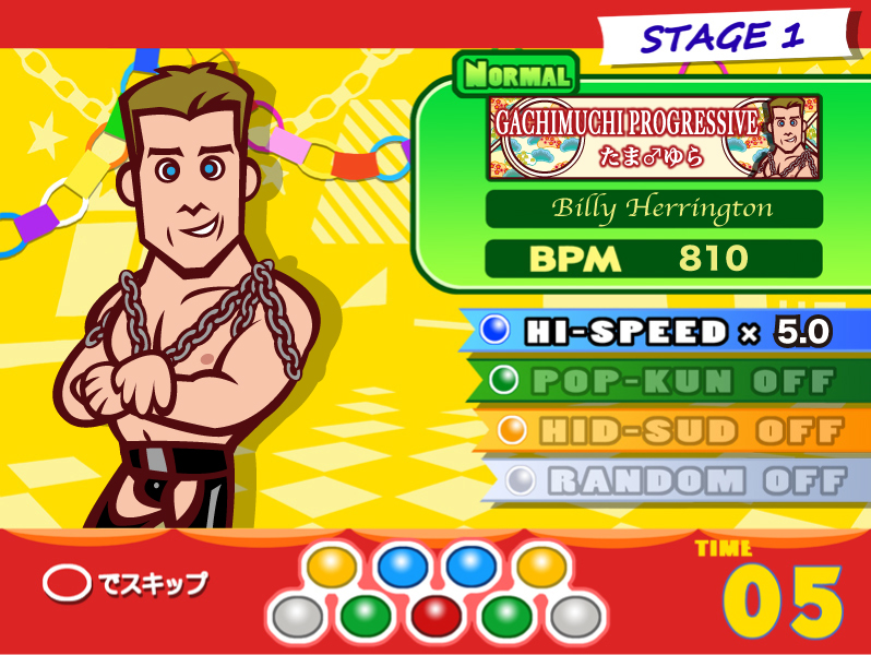 aniki, nanboku, billy herrington, bemani, gachimuchi pants wrestling, pop'n music, real life, wrestling (series), 1boy, :d, belt, buckle, chain, collarbone, fake screenshot, grin, looking at viewer, muscular, open mouth, parody, smile, teeth, text focus
