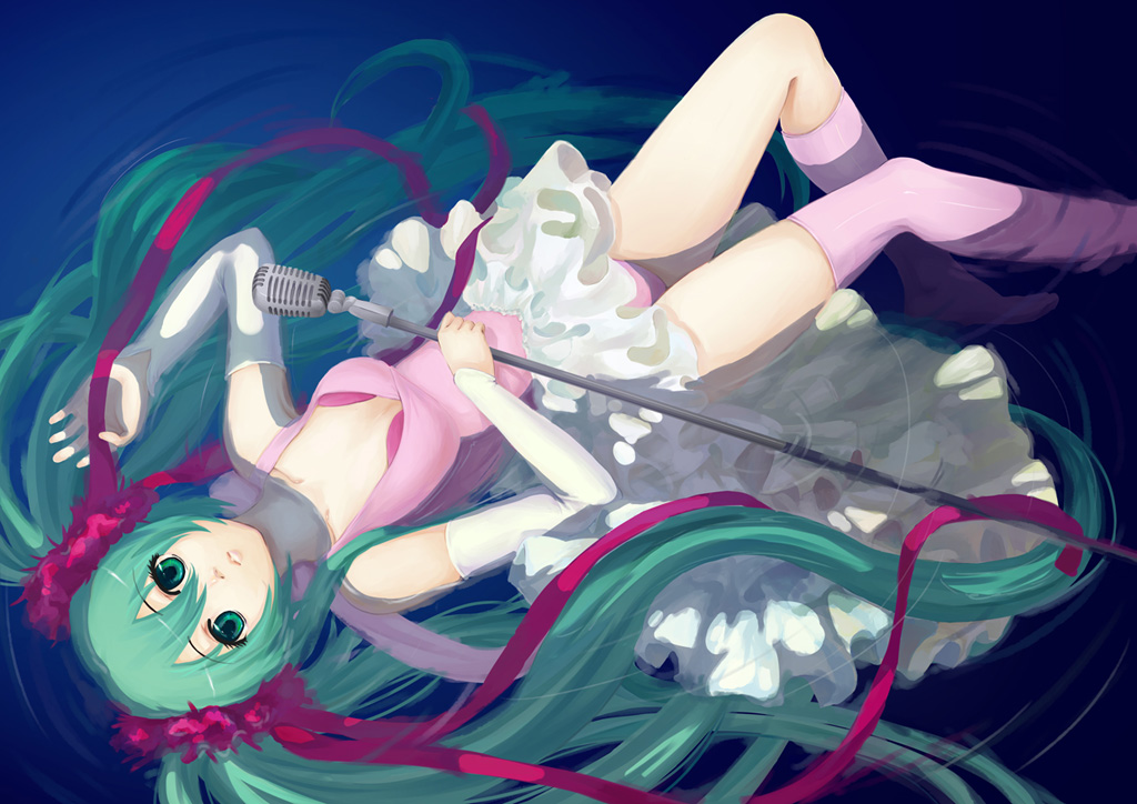 sellite, hatsune miku, vocaloid, bad id, bad pixiv id, green eyes, green hair, kneehighs, leotard, long hair, lying, microphone, microphone stand, socks, solo, thighhighs, twintails, very long hair