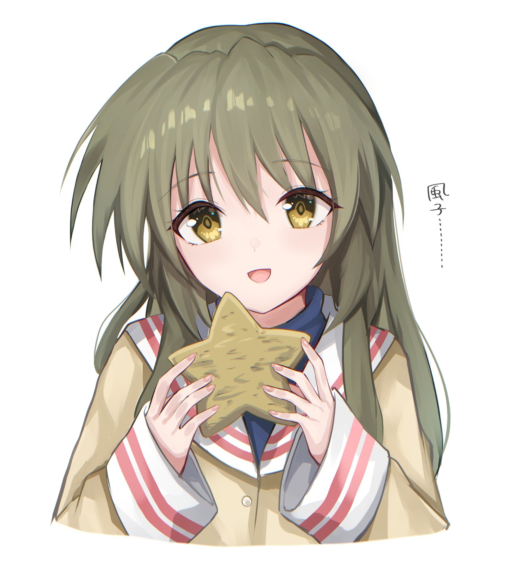 rrtp, ibuki fuuko, clannad, hashtag-only commentary, highres, 1girl, green hair, hikarizaka private high school uniform, holding, holding star, long hair, long sleeves, looking at viewer, open mouth, sailor collar, school uniform, shirt, sidelocks, simple background, smile, solo, star (symbol), starfish, upper body, white background, white sailor collar, yellow eyes, yellow shirt