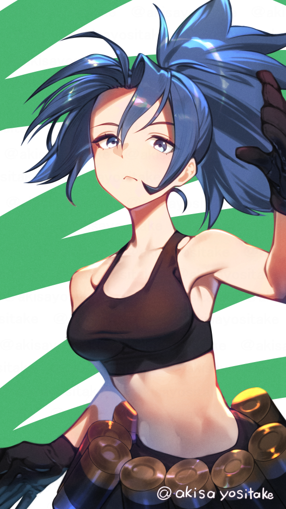 akisa yositake, leona heidern, snk, the king of fighters, the king of fighters xiii, 1girl, ammunition belt, bare shoulders, black gloves, black tank top, blue eyes, blue hair, breasts, closed mouth, crop top, gloves, midriff, navel, parted bangs, ponytail, solo, tank top
