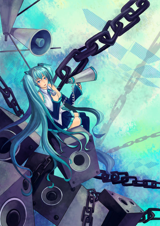 cucumber (littlecucumber), cucumber (pixiv412841), hatsune miku, koi wa sensou (vocaloid), vocaloid, bad id, bad pixiv id, 1girl, chain, detached sleeves, female focus, long hair, megaphone, sitting, skirt, solo, speaker, thighhighs, twintails, very long hair