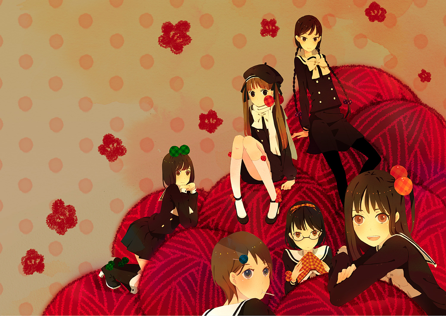 kuko, original, bad id, bad pixiv id, 6+girls, black hair, book, bow, braid, brown hair, glasses, hat, long hair, multiple girls, red eyes, ribbon, scarf, school uniform, wool