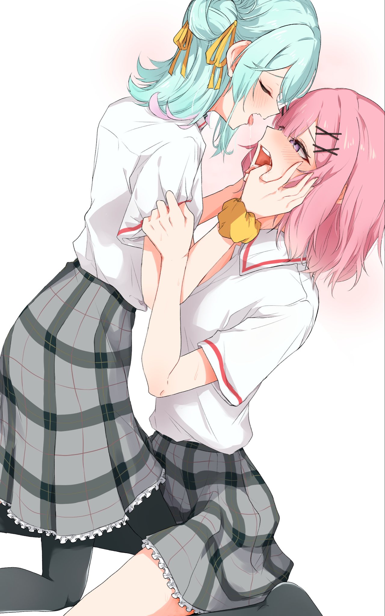 amaori renako, koyanagi kaho, watashi ga koibito ni nareru wake naijan murimuri!, commentary request, highres, 2girls, black pantyhose, blue hair, closed eyes, collared shirt, grey skirt, hair bun, hair ribbon, leg between thighs, medium hair, multiple girls, nuooooodoomo, open mouth, pantyhose, pink hair, pleated skirt, purple eyes, ribbon, saliva, saliva trail, school uniform, scrunchie, shirt, simple background, single side bun, skirt, white background, white shirt, wrist scrunchie, yellow ribbon, yuri