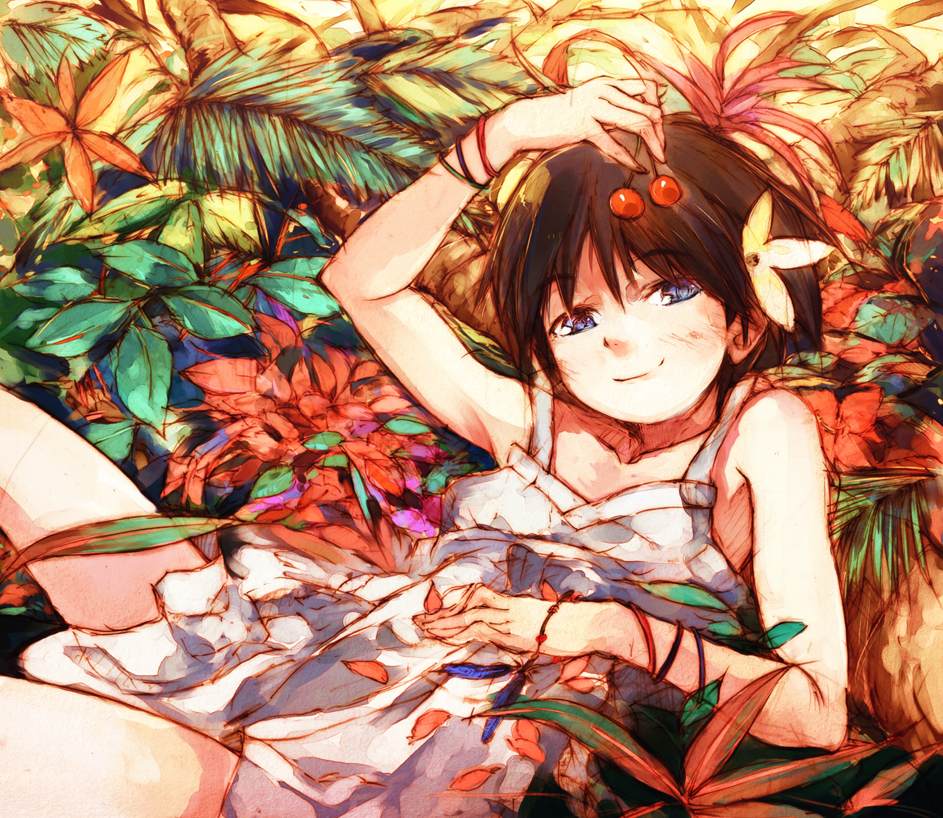 kitano yuusuke, kikuchi makoto, idolmaster, idolmaster (classic), idolmaster 1, 00s, 1girl, blue eyes, blush, brown hair, cherry, dress, female focus, flat chest, flower, food, fruit, holding, holding food, holding fruit, leaf, short hair, smile, solo