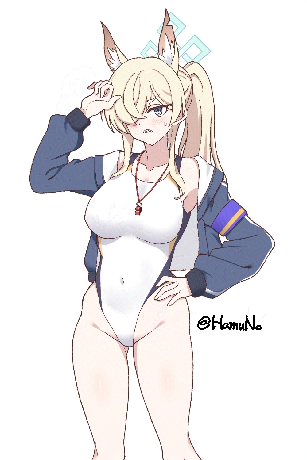 hamuno, kanna (blue archive), kanna (swimsuit) (blue archive), blue archive, highres, 1girl, animal ear fluff, animal ears, armband, blonde hair, blue eyes, blue halo, blue jacket, breasts, competition swimsuit, covered navel, dog ears, dog girl, extra ears, feet out of frame, hair over one eye, halo, hand on own hip, highleg, highleg one-piece swimsuit, jacket, large breasts, long hair, looking at viewer, notched ear, official alternate costume, one-piece swimsuit, ponytail, purple armband, sharp teeth, simple background, solo, swimsuit, teeth, twitter username, white background, white one-piece swimsuit
