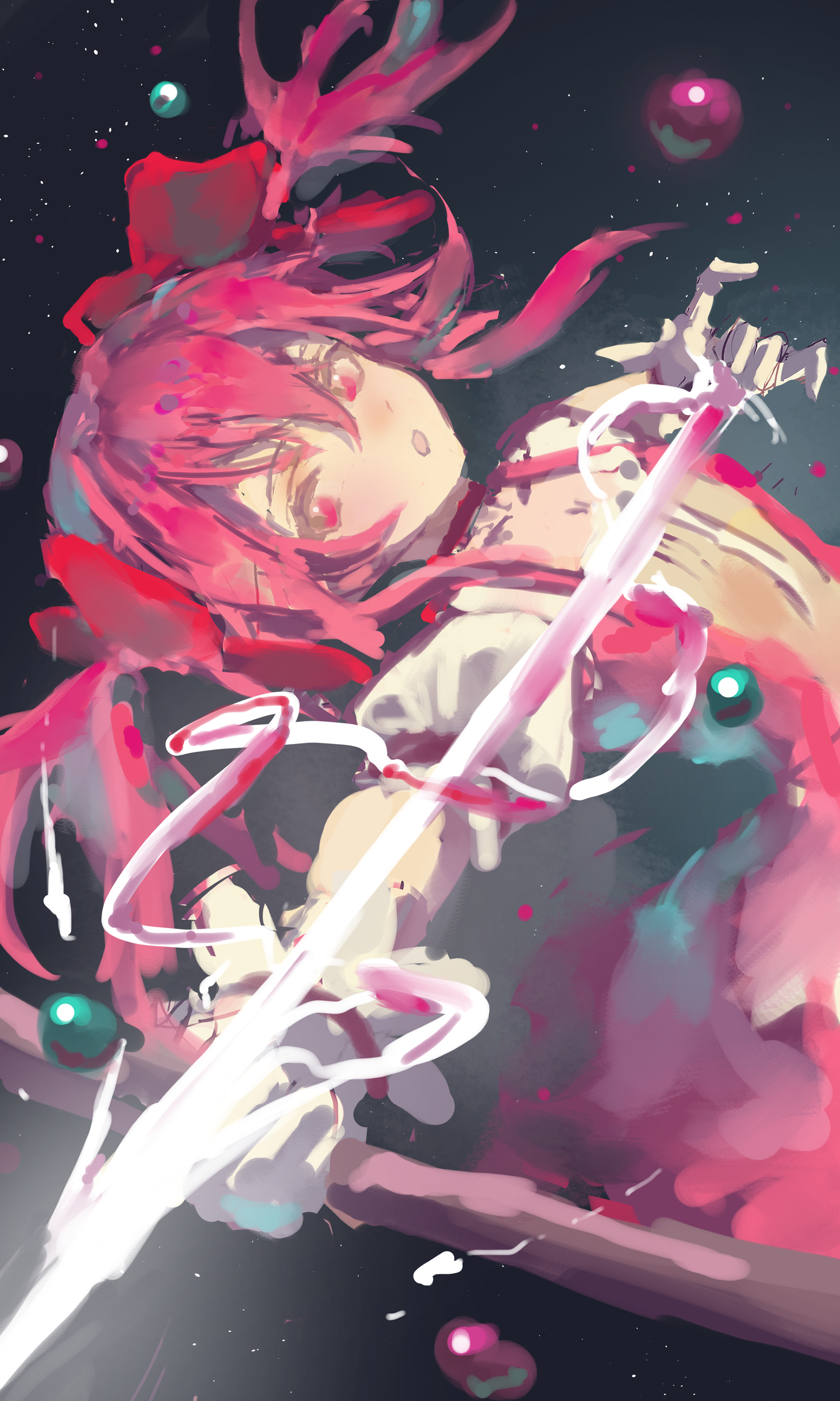 kaname madoka, kaname madoka (magical girl), mahou shoujo madoka magica, mahou shoujo madoka magica (anime), absurdres, highres, 1girl, aiming, arrow (projectile), bow, bow (weapon), dress, gloves, hair bow, k4ja0002, pink dress, pink eyes, pink hair, puffy short sleeves, puffy sleeves, red bow, short sleeves, short twintails, solo, twintails, weapon, white gloves