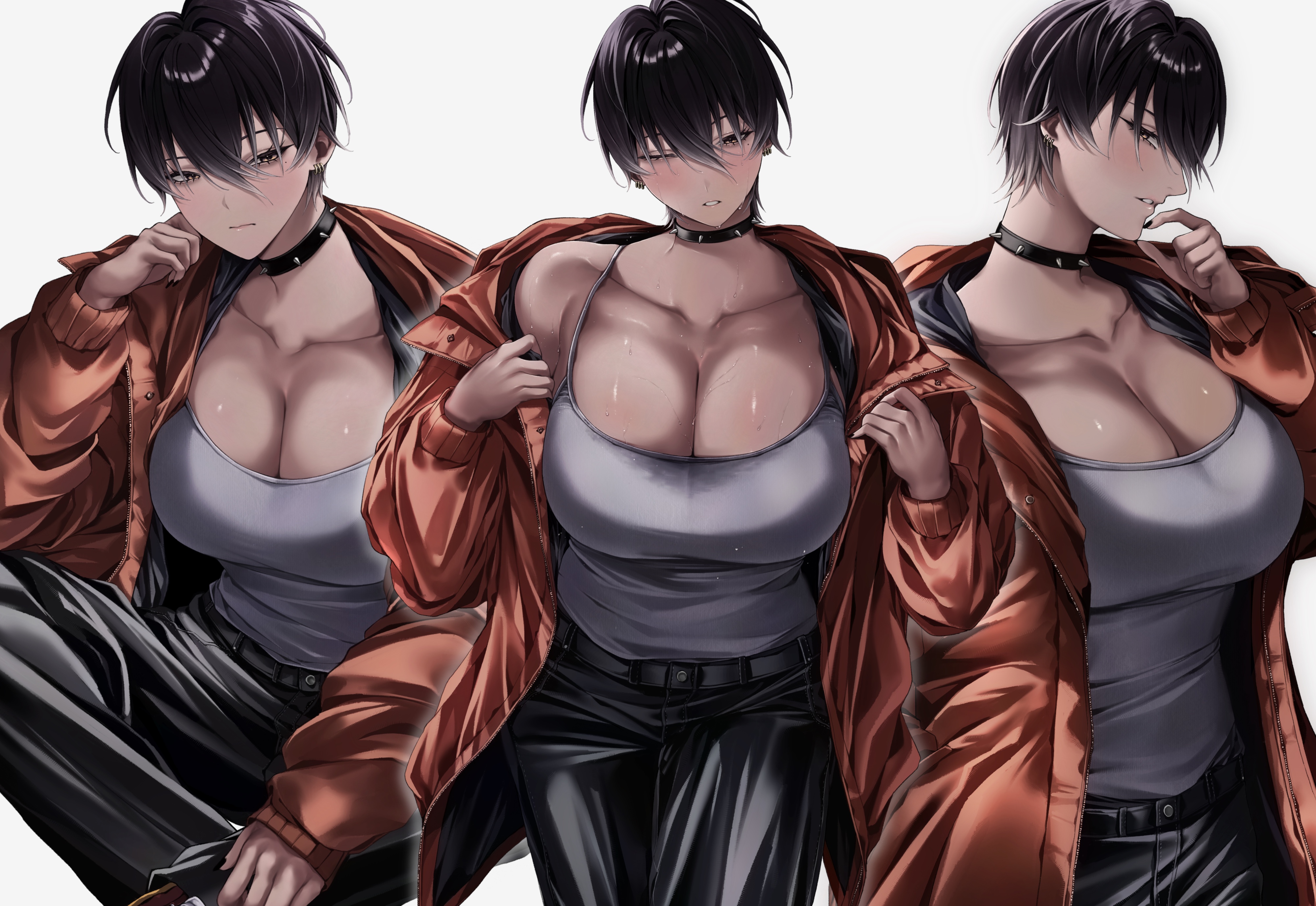 ulularts, original, absurdres, commentary, english commentary, highres, 1girl, black hair, black nails, black pants, blush, breasts, brown eyes, brown jacket, camisole, choker, cleavage, closed mouth, earrings, grey camisole, jacket, jewelry, large breasts, may (ulularts), mole, mole under eye, multiple earrings, multiple views, one eye closed, open clothes, open jacket, pants, parted lips, shiny skin, spiked choker, spikes, sweat, tomboy, white background