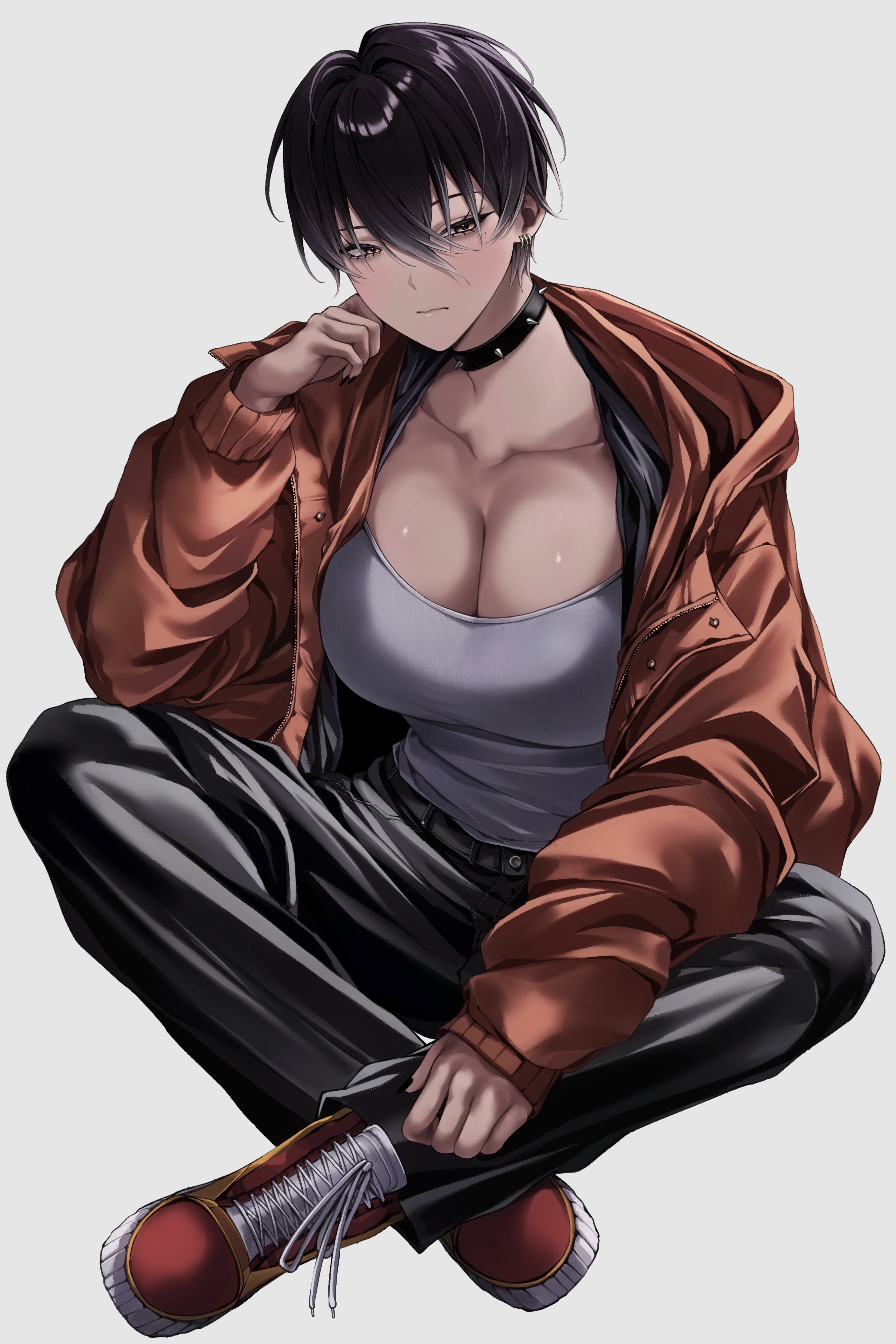 ulularts, original, absurdres, commentary, english commentary, highres, 1girl, black hair, black nails, black pants, blush, breasts, brown eyes, brown jacket, camisole, choker, cleavage, closed mouth, cross-laced shoes, earrings, full body, grey camisole, jacket, jewelry, large breasts, looking at viewer, may (ulularts), mole, mole under eye, pants, red shoes, shoes, sitting, tomboy