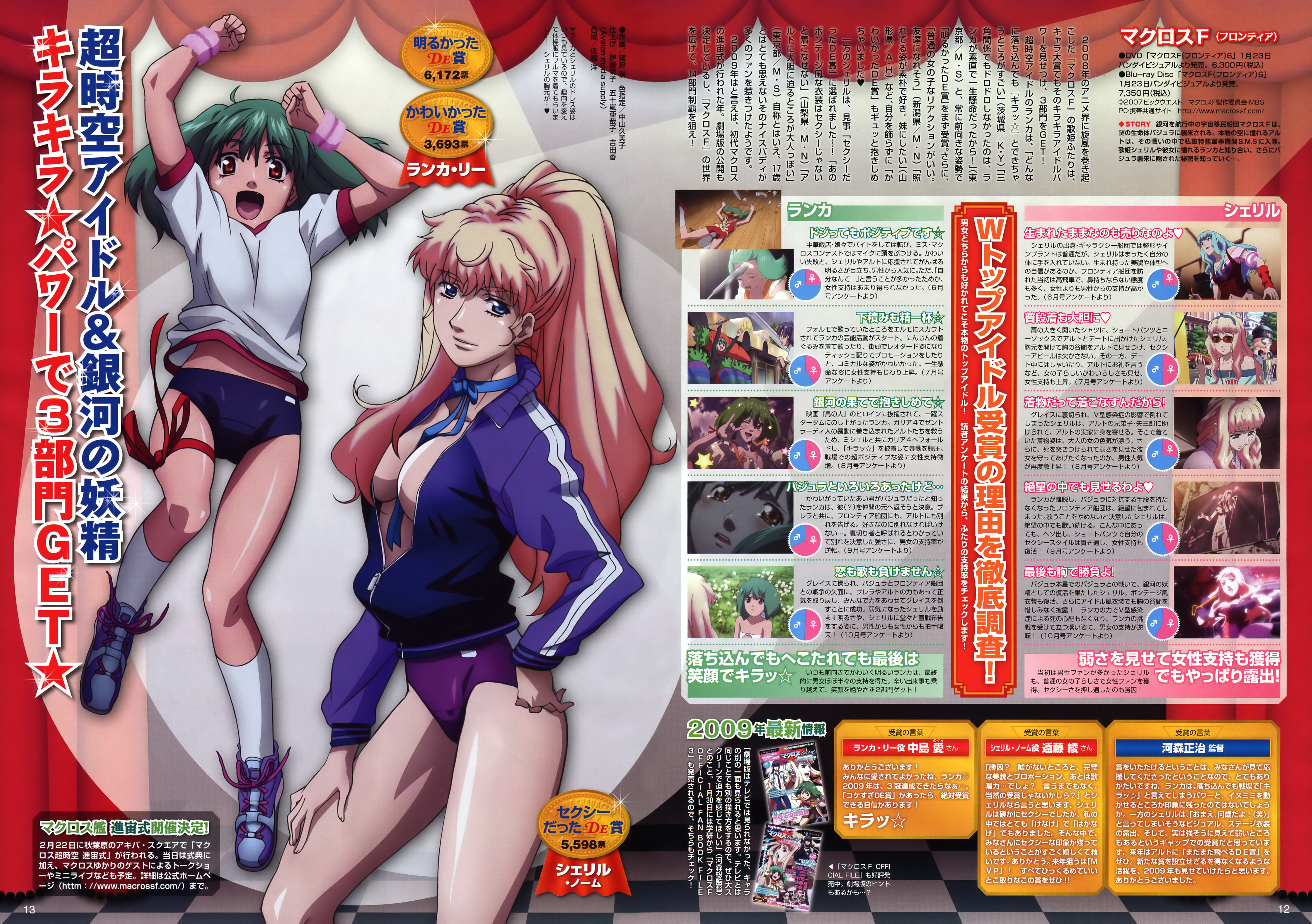 ranka lee, sheryl nome, macross, macross frontier, absurdres, highres, 00s, 2girls, breasts, cleavage, green hair, gym uniform, large breasts, long hair, multiple girls, ponytail, screenshot inset, short hair