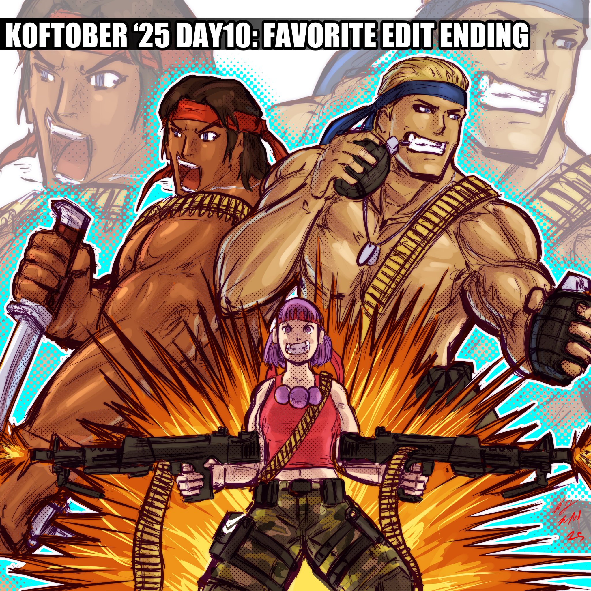 taurence bell, asamiya athena, clark still, ralf jones, the king of fighters, 1girl, bandana, breasts, female focus, hairband, headband, huge breasts, large breasts, military, muscular, muscular female, muscular male, purple eyes, purple hair, shirt, short hair, standing, tank top, thick thighs, thighs