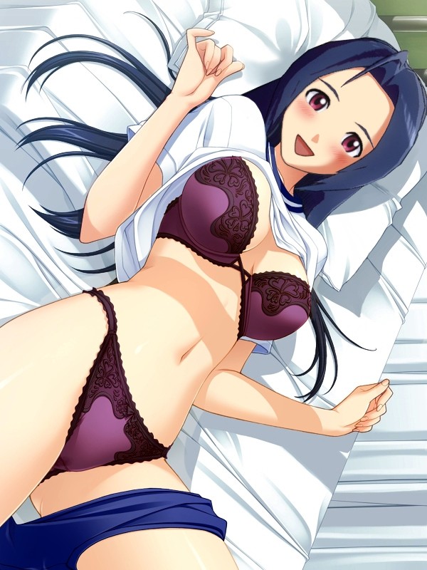 miura azusa, idolmaster, idolmaster (classic), idolmaster 1, artist request, source request, third-party edit, 00s, 1girl, bed, blue buruma, blush, bra, breasts, buruma, buruma around leg, buruma pull, clothes lift, clothes pull, cowboy shot, female focus, gym uniform, lingerie, lying, panties, shirt, shirt lift, short sleeves, solo, underwear, white shirt