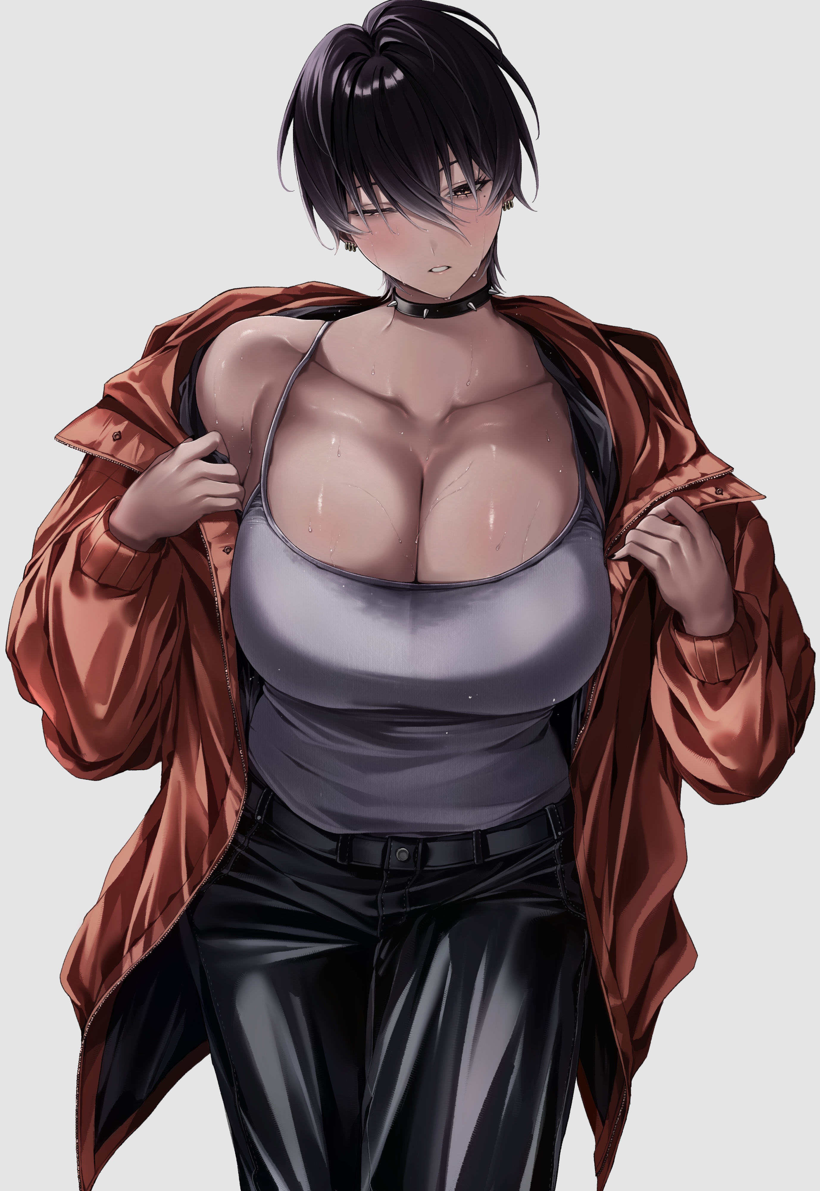 ulularts, original, absurdres, commentary, english commentary, highres, 1girl, black hair, black nails, black pants, blush, brown eyes, brown jacket, camisole, choker, cowboy shot, earrings, grey camisole, jacket, jewelry, may (ulularts), multiple earrings, one eye closed, open clothes, open jacket, pants, parted lips, shiny skin, simple background, spiked choker, spikes, sweat, tomboy, white background