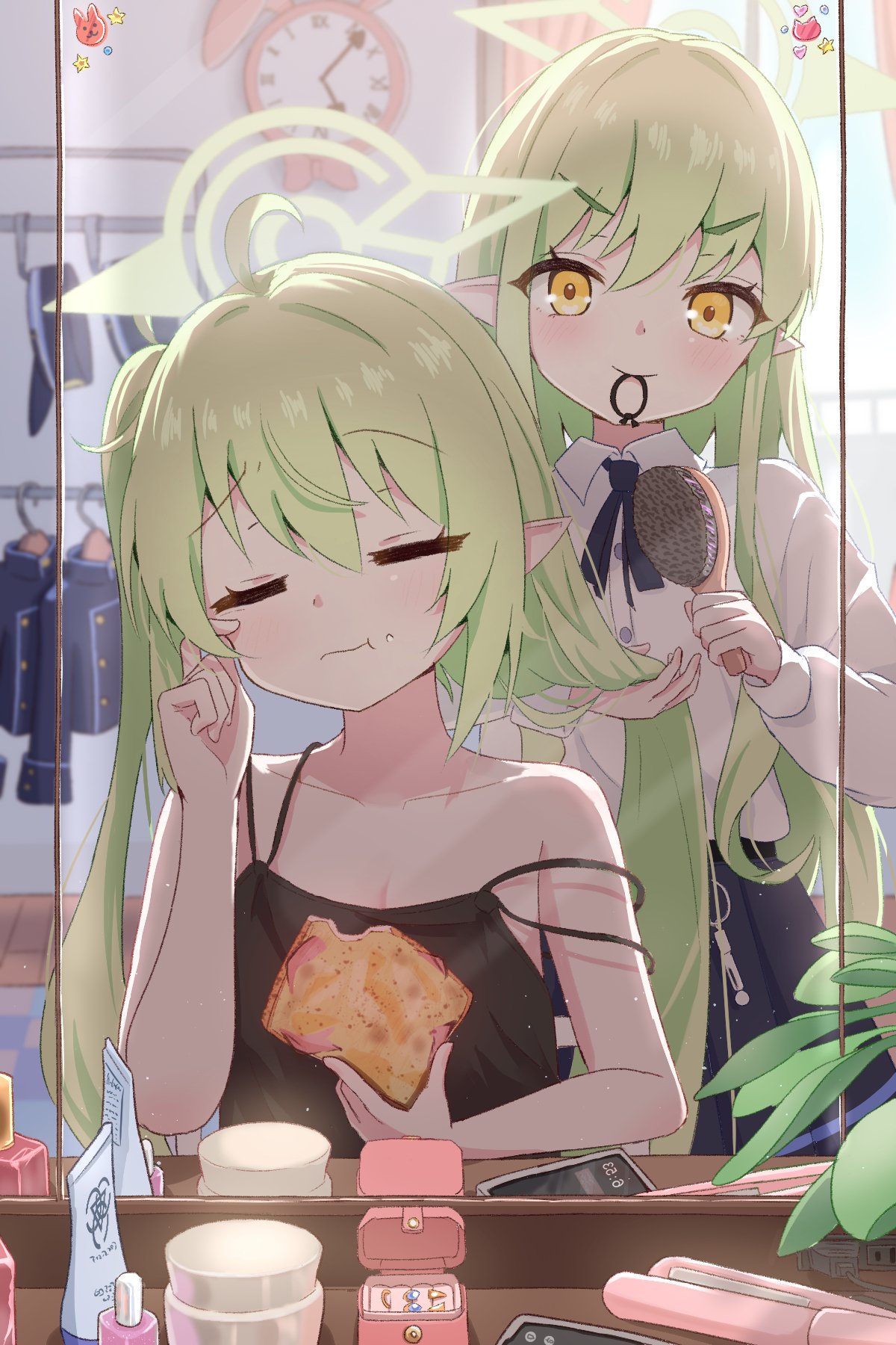 mikumiku37, hikari (blue archive), nozomi (blue archive), blue archive, highres, 2girls, ahoge, black camisole, bread, brushing another's hair, brushing hair, camisole, closed eyes, closed mouth, collarbone, collared shirt, comb, food, green hair, green halo, hair brush, halo, holding, indoors, long hair, long sleeves, mirror, mouth hold, multiple girls, pointy ears, shirt, side ponytail, skirt, white shirt, yellow eyes