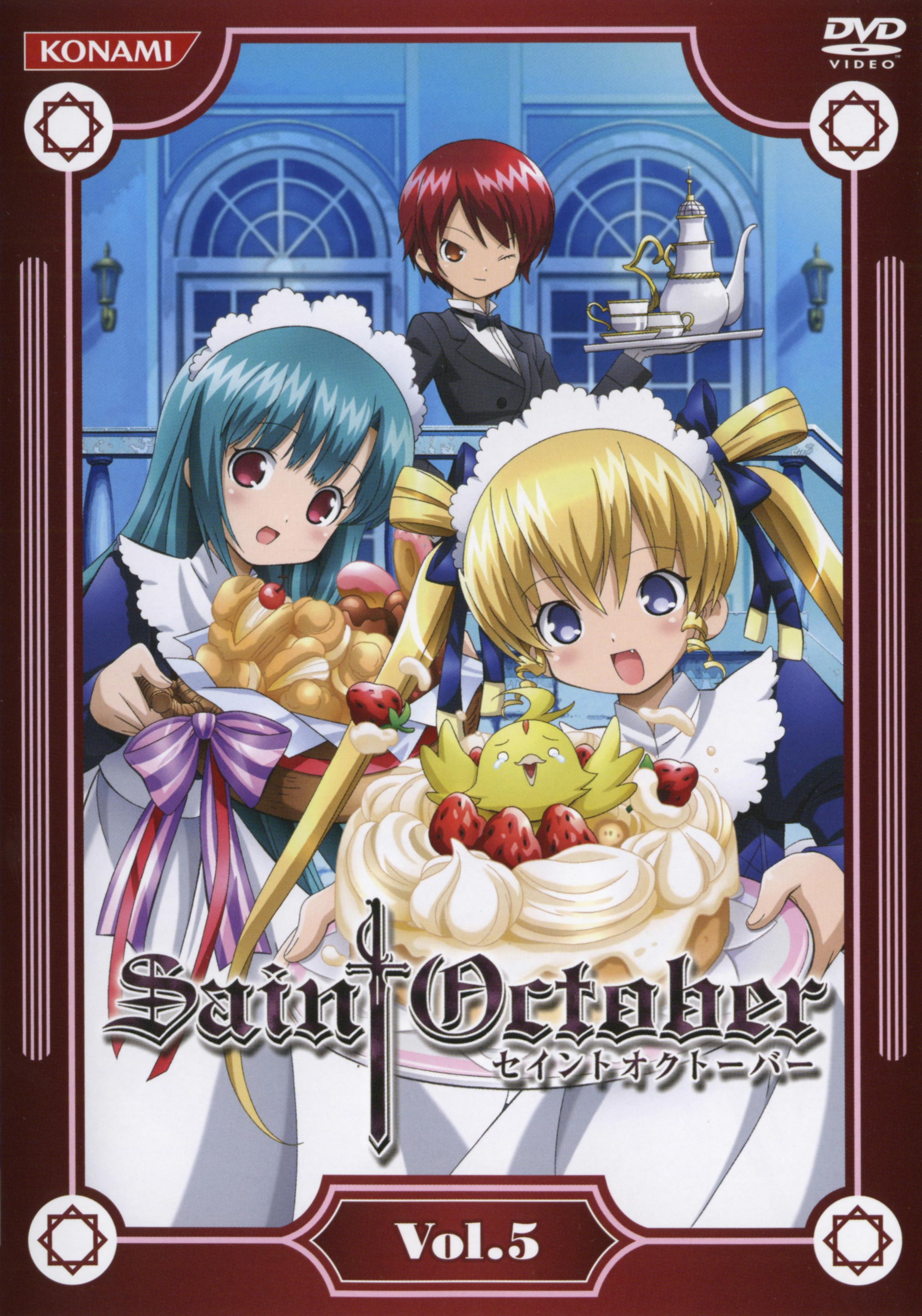 hayama kotono, hijiri misaki, shirafuji natsuki, saint october, absurdres, highres, 00s, 3girls, blue eyes, border, cake, cream, food, frills, green hair, indoors, looking at viewer, maid headdress, multiple girls, plate, red eyes, red hair, short hair, text focus, twintails, upper body, window