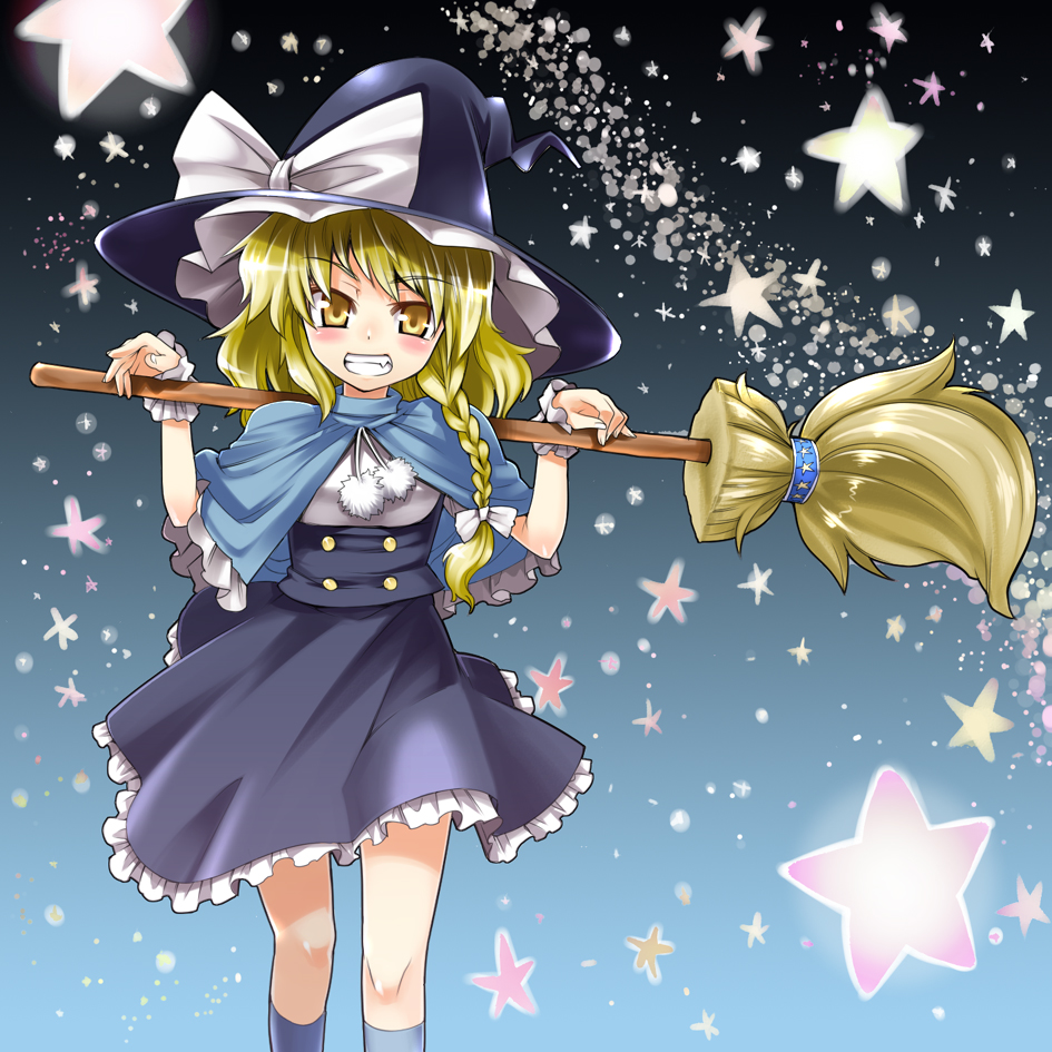 gengorou, kirisame marisa, subterranean animism, touhou, 1girl, blonde hair, blush, braid, broom, brown eyes, cape, capelet, dress, female focus, grin, hat, long hair, over shoulder, side braid, smile, snowing, solo, star (symbol), witch, witch hat, wrist cuffs