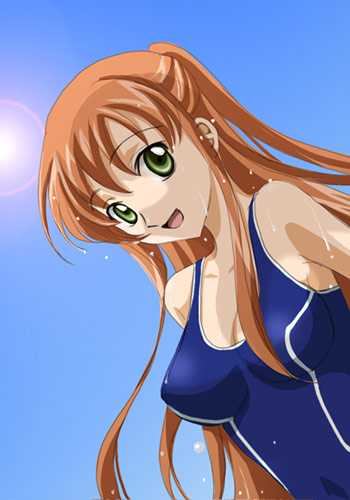 sinko (sinsin), shirley fenette, code geass, lowres, 00s, 1girl, breasts, female focus, green eyes, long hair, one-piece swimsuit, open mouth, orange hair, school swimsuit, smile, solo, swimsuit