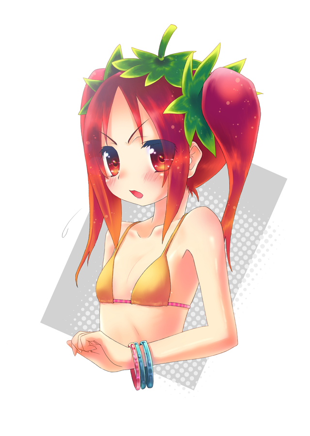 kuromaru9, ichigo-san, strawberry-chan, food girls, original, 1girl, bikini, blush, bracelet, female focus, flat chest, frown, jewelry, red eyes, red hair, solo, swimsuit, twintails, yellow bikini