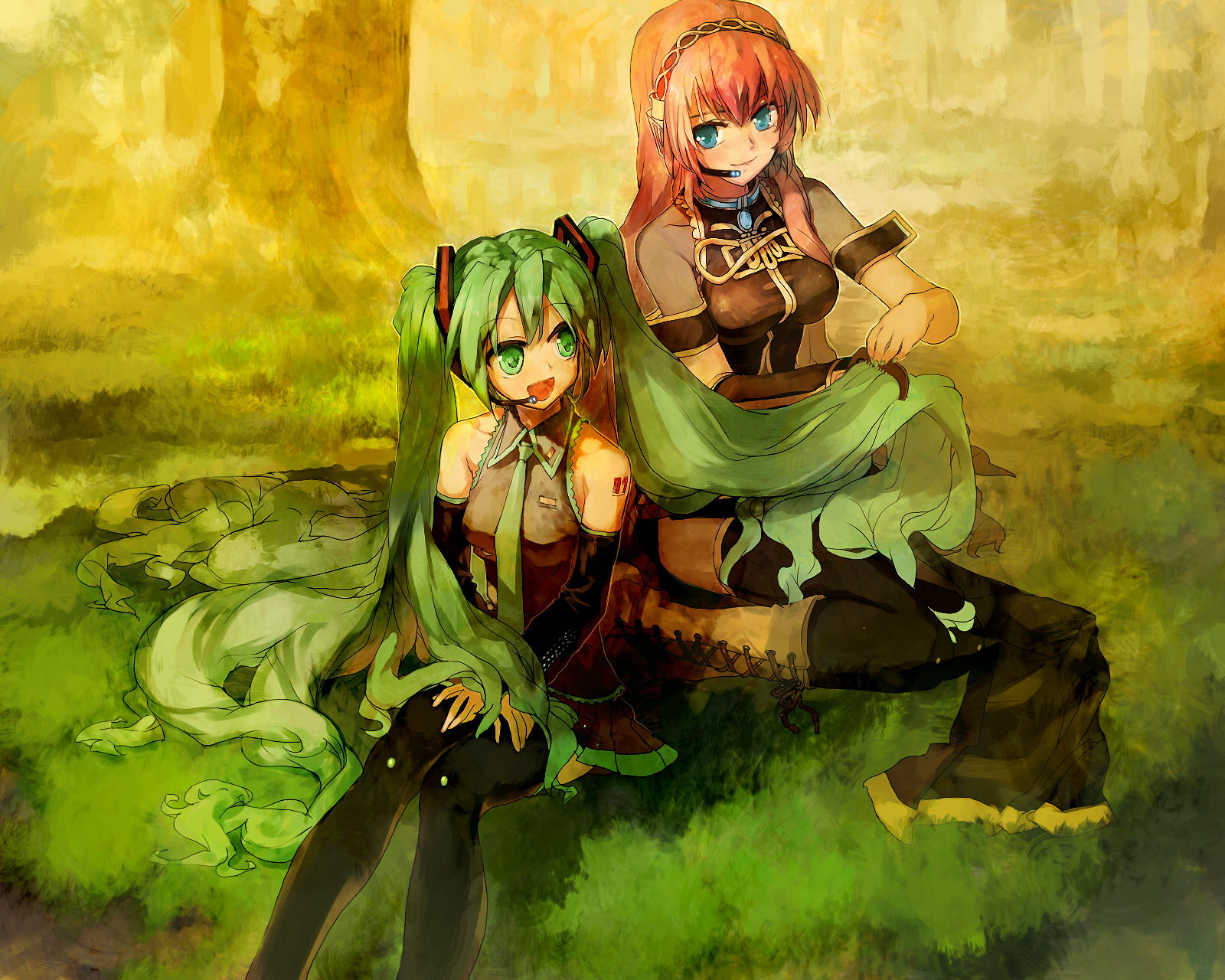 bob (biyonbiyon), hatsune miku, megurine luka, vocaloid, highres, 2girls, blue eyes, boots, comb, detached sleeves, green eyes, green hair, hairdressing, headset, long hair, multiple girls, outdoors, pink hair, sitting, smile, thighhighs, twintails, very long hair