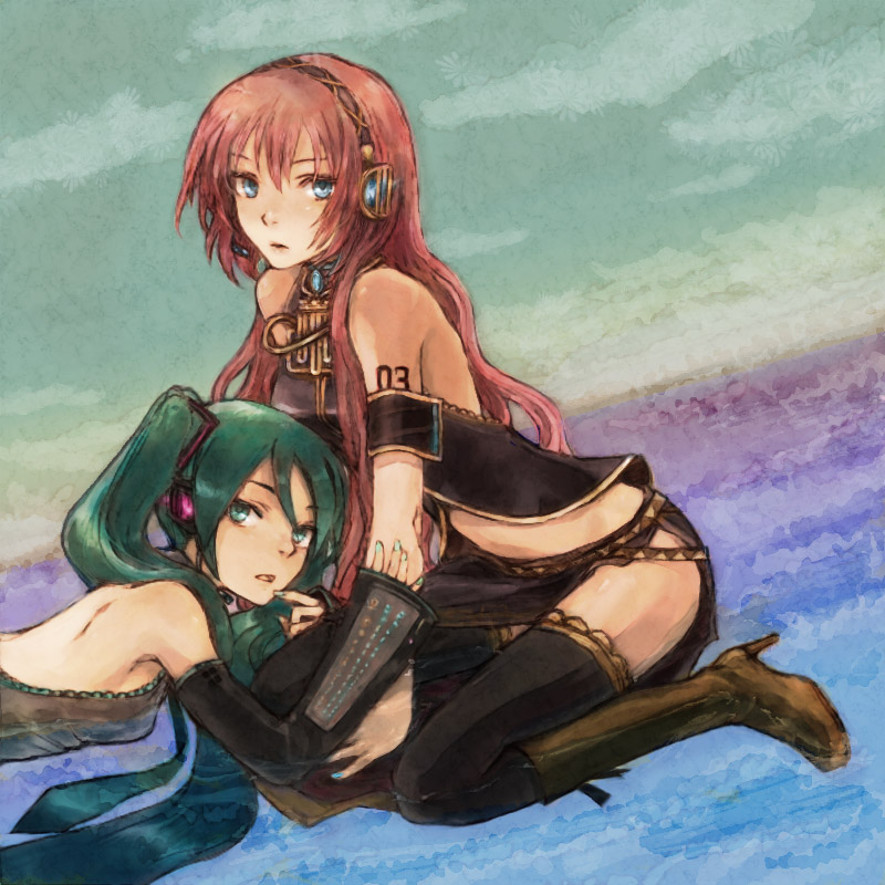 kno, kno (anahita), hatsune miku, megurine luka, vocaloid, bad id, bad pixiv id, backless, backless outfit, backless shirt, boots, detached sleeves, green hair, kneeling, long hair, pink hair, thighhighs, twintails