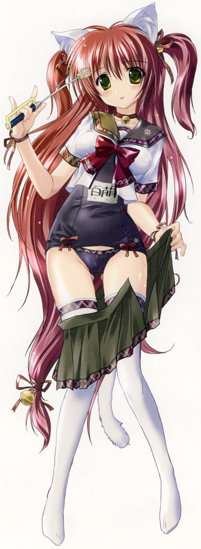 komatsu eiji, original, 1girl, animal ears, black one-piece swimsuit, blush, female focus, long hair, one-piece swimsuit, ribbon, school swimsuit, solo, swimsuit, tail, thighhighs, tongue, twintails
