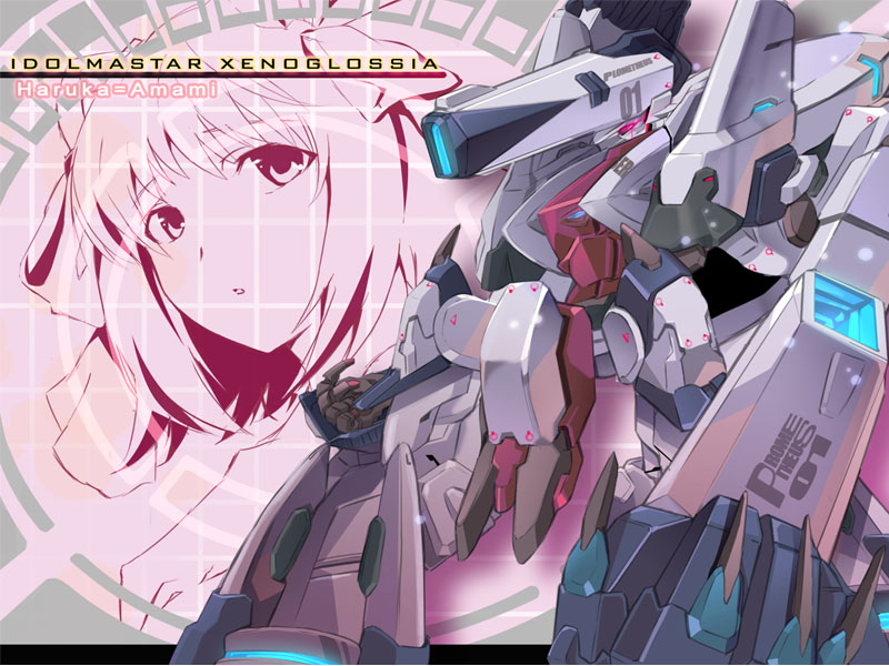 okiura, amami haruka, imber, idolmaster, idolmaster xenoglossia, 00s, 1girl, bow, character name, copyright name, crossover, hair bow, hair ribbon, mecha, ribbon, robot, text focus, typo