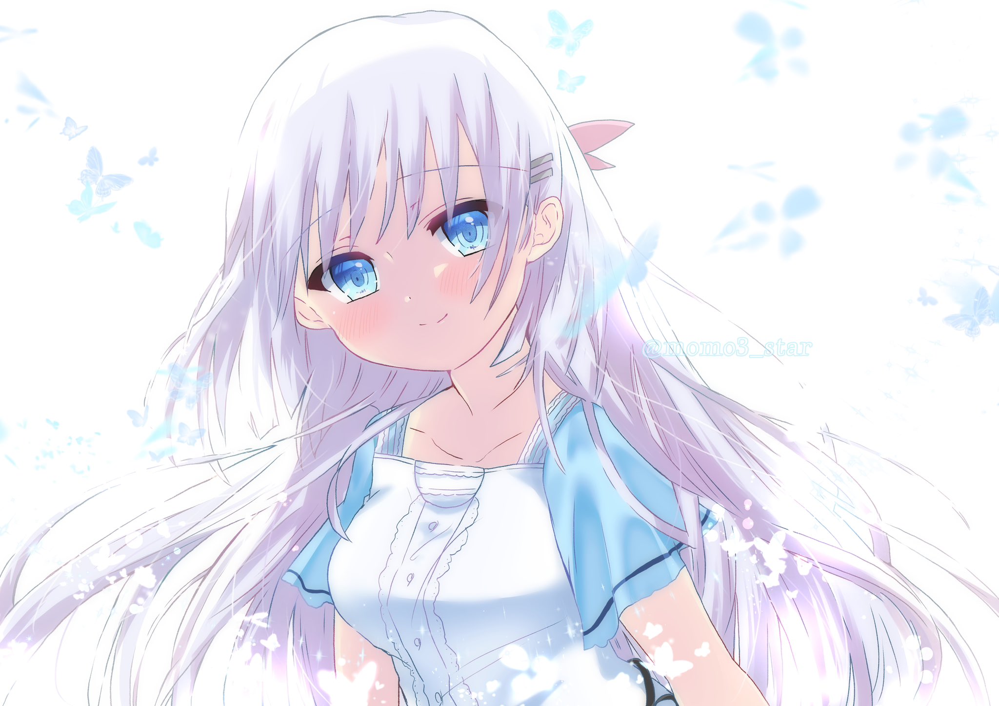 yaki-ayato, naruse shiroha, summer pockets, commentary request, highres, 1girl, arms at sides, blue butterfly, blue eyes, blunt ends, blush, bug, butterfly, center frills, closed mouth, collarbone, floating hair, frilled shirt, frills, glowing butterfly, hair between eyes, hair ornament, hair ribbon, hairclip, insect, light particles, long hair, looking at viewer, parallel hairclips, pink ribbon, ribbon, ringed eyes, shirt, short sleeves, sidelocks, simple background, smile, solo, twitter username, upper body, very long hair, white background, white hair, white shirt