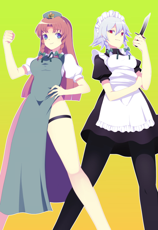 harano, hong meiling, izayoi sakuya, touhou, black legwear, silver hair, 2girls, apron, beret, blue eyes, braid, china dress, chinese clothes, dagger, dress, female focus, frills, green background, hat, knife, looking at viewer, looking back, maid headdress, multiple girls, pantyhose, red eyes, simple background, standing, thigh strap, twin braids, weapon