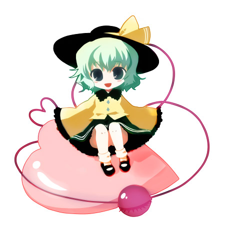 chaba (hortensia), komeiji koishi, touhou, silver hair, lowres, 1girl, chibi, female focus, hat, hat ribbon, heart, heart of string, mary janes, ribbon, shoes, sitting, skirt, socks, solo