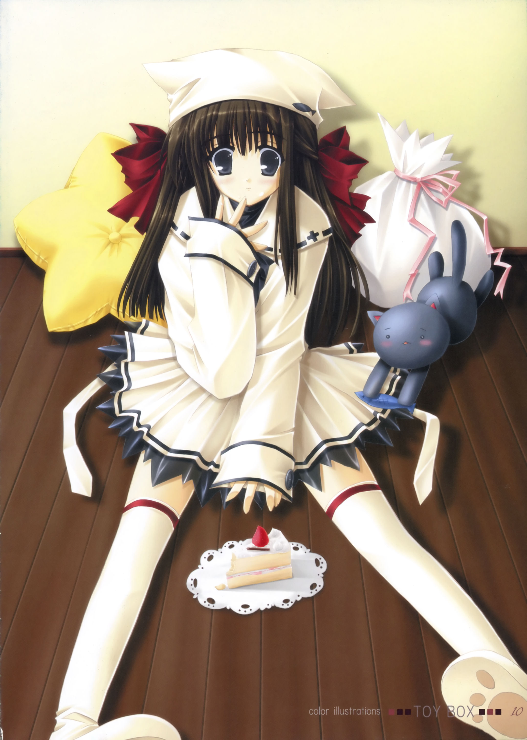 ikegami akane, absurdres, highres, animal hat, blue eyes, brown hair, cake, cat, food, hat, pastry, pillow, solo, thighhighs