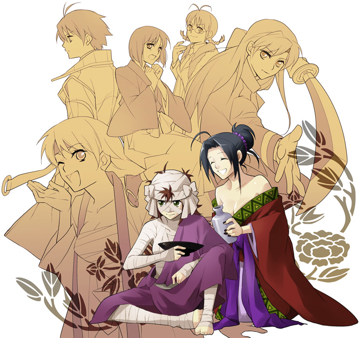 dorei k, akizuki ritsuko, amami haruka, hagiwara yukiho, himura kenshin, hoshii miki, kikuchi makoto, kisaragi chihaya, komagata yumi, miura azusa, sadojima houji, sagara sanosuke, saitou hajime, saitou hajime (rurouni kenshin), shinomori aoshi, shishio makoto, idolmaster, idolmaster (classic), idolmaster 1, rurouni kenshin, bad id, bad pixiv id, 6+girls, bandages, barefoot, cosplay, himura kenshin (cosplay), holding, holding sword, holding weapon, komagata yumi (cosplay), multiple girls, parody, sadojima houji (cosplay), sagara sanosuke (cosplay), saitou hajime (cosplay), sarashi, shinomori aoshi (cosplay), shishio makoto (cosplay), sword, weapon