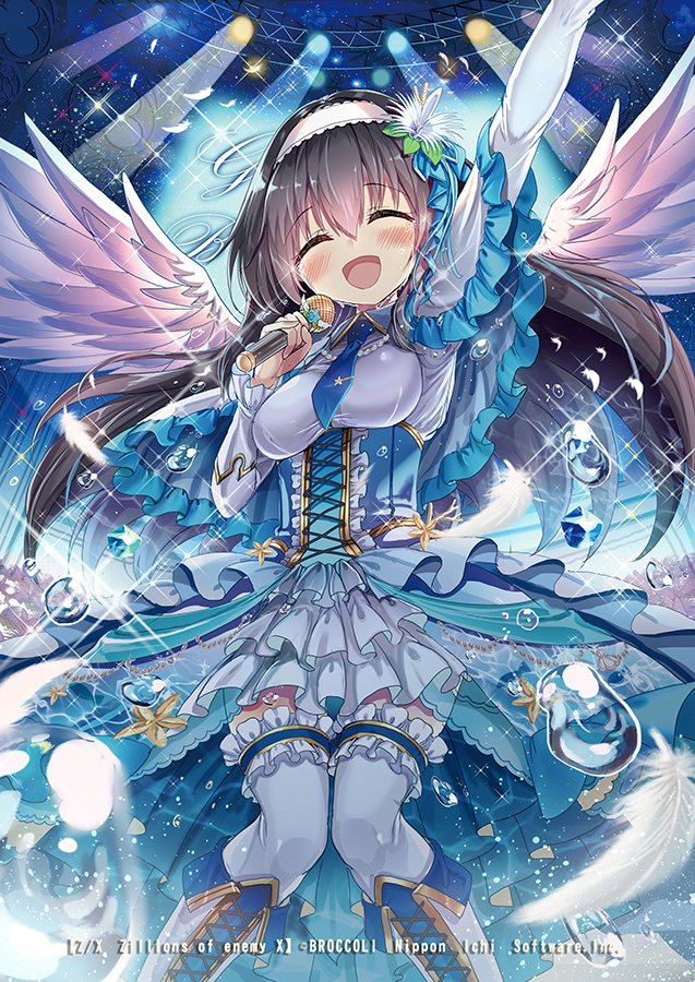akabane (zebrasmise), z/x, official art, 1girl, arm up, black hair, blue necktie, closed eyes, concert, copyright notice, dress, feathered wings, feathers, flower, frilled dress, frills, hair flower, hair ornament, hairband, holding, holding microphone, idol clothes, long hair, microphone, necktie, open mouth, pecteilis, smile, solo, sparkle, thighhighs, water drop, white feathers, white hairband, white thighhighs, white wings, wings