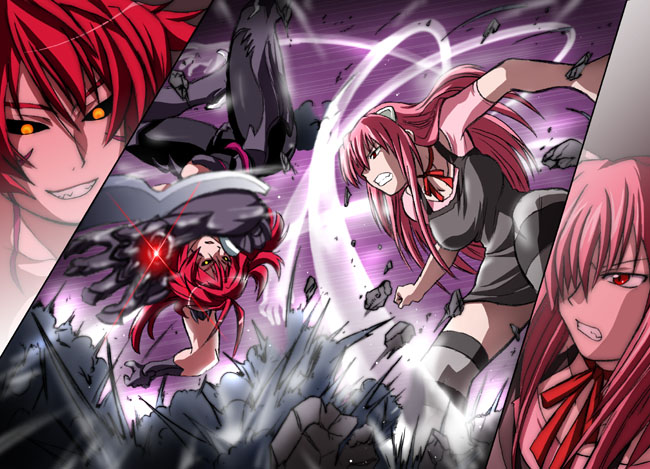 steed (steed enterprise), amaha masane, kaede (character), lucy (elfen lied), elfen lied, witchblade, 00s, 2girls, armor, battle, bikini armor, black sclera, colored sclera, crossover, demon girl, epic, glowing, glowing eyes, grin, ground shatter, horns, monster girl, multiple girls, pink hair, red eyes, red hair, revealing clothes, smile, vectors, yellow eyes