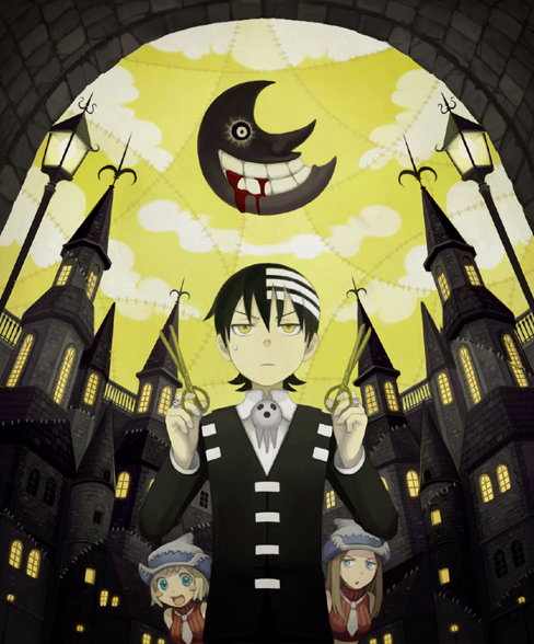 kb, kirobaito, death the kid, elizabeth thompson, patricia thompson, soul eater, 00s, 1boy, 2girls, blood, building, moon, multiple girls, scissors, siblings, sisters, symmetry