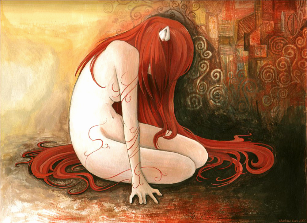 kaede (character), lucy (elfen lied), elfen lied, 00s, 1girl, breasts, covering face, female focus, hair over eyes, horns, ink, long hair, markings, monster girl, nude, red hair, sitting, solo, tattoo, very long hair