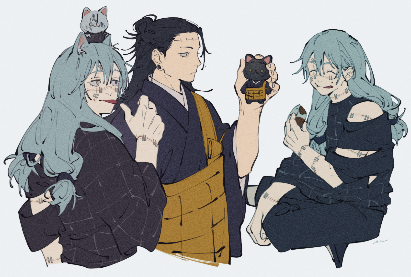 mim (mimya0600), getou suguru, getou suguru (kenjaku), kenjaku, mahito (jujutsu kaisen), jujutsu kaisen, commentary, highres, 2boys, :p, ^ ^, animal ears, black hair, black kimono, black pants, black shirt, blue eyes, blue hair, cat boy, cat ears, character doll, closed eyes, closed mouth, cowboy shot, doll, ear piercing, eating, full body, hair bun, hand up, heterochromia, holding, holding doll, japanese clothes, kesa, kimono, long hair, long sleeves, looking at another, looking at object, male focus, multiple boys, pants, patchwork skin, piercing, possessed, shirt, simple background, sitting, standing, stitches, tongue, tongue out, white background, wide sleeves, yellow eyes