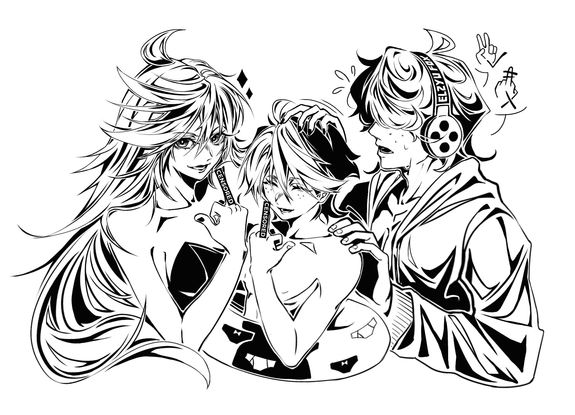 brief (psg), junior (psg), panty (psg), panty & stocking with garterbelt, highres, 1girl, 2boys, armpits, bar censor, bare shoulders, bikini, breasts, caos elzyu, censored, couple, family, father and son, greyscale, hair over eyes, happy, headphones, husband and wife, long hair, looking at viewer, medium breasts, middle finger, monochrome, mother and son, multiple boys, navel, nipples, short hair, simple background, smile, swim ring, swimsuit, topless male, water, white background, worried