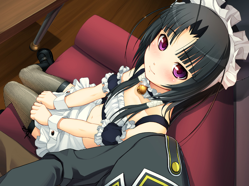 tsuji santa, oki kiki, nitroplus, sumaga, 1girl, antenna hair, apron, bell, black hair, blush, collar, fishnet thighhighs, fishnets, flat chest, jingle bell, long hair, looking at viewer, maid, maid apron, maid headdress, midriff, neck bell, pov, purple eyes, side-by-side, sitting, solo focus, thighhighs, wrist cuffs
