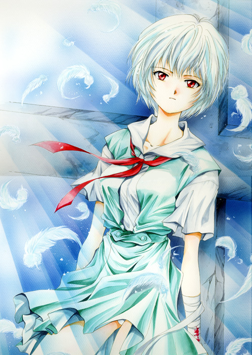 ayanami rei, neon genesis evangelion, 1girl, bandages, blood, blue hair, feathers, female focus, red eyes, school uniform, short hair, solo, yuuki setsuna (artist)